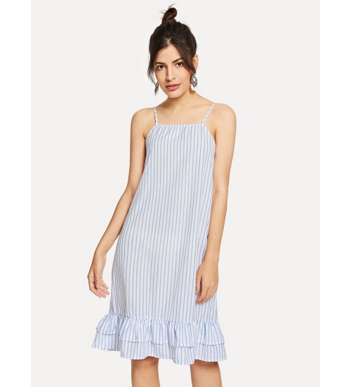 Pinstripe Tiered Ruffle Cami Dress