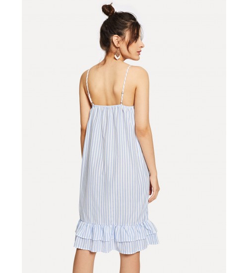 Pinstripe Tiered Ruffle Cami Dress