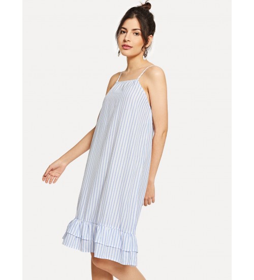 Pinstripe Tiered Ruffle Cami Dress