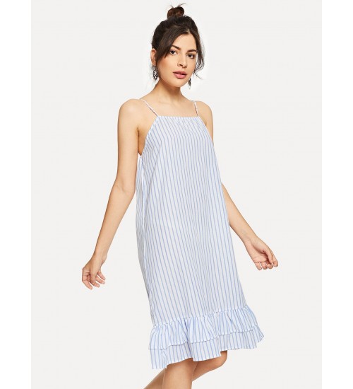 Pinstripe Tiered Ruffle Cami Dress