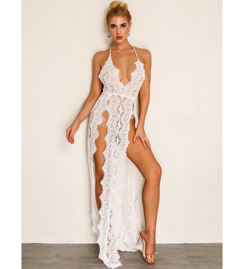 High Split Front Halter Lace Dress