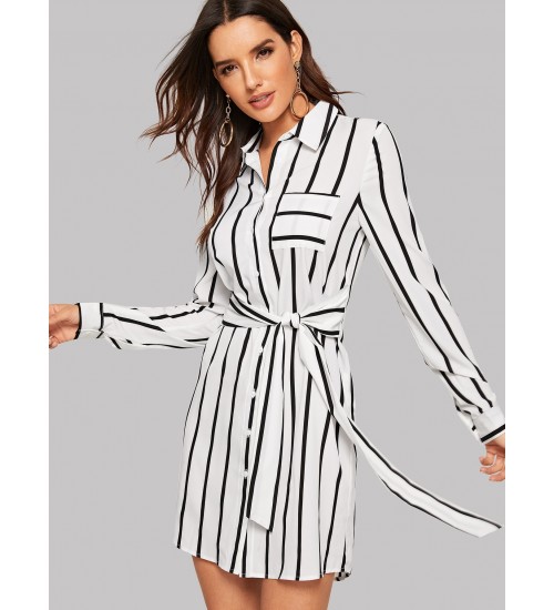 Pocket Front Vertical Striped Belted Shirt Dress