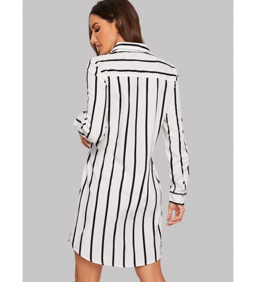 Pocket Front Vertical Striped Belted Shirt Dress