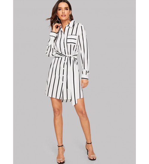 Pocket Front Vertical Striped Belted Shirt Dress