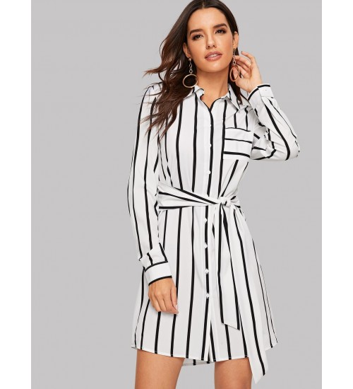 Pocket Front Vertical Striped Belted Shirt Dress