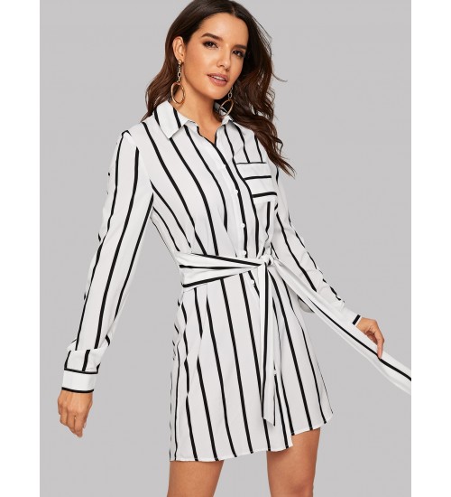 Pocket Front Vertical Striped Belted Shirt Dress