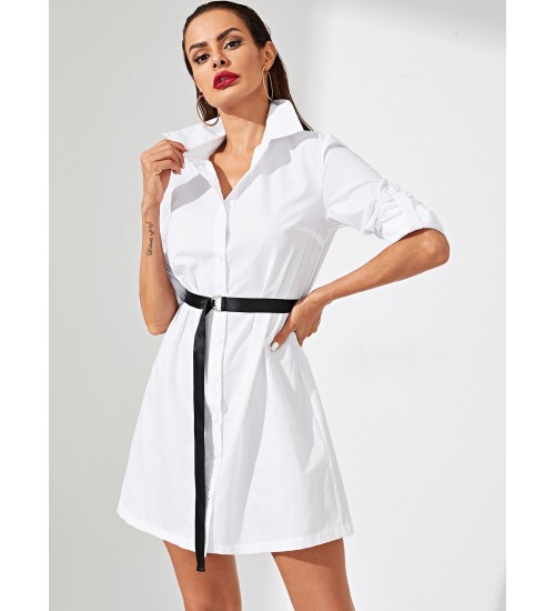 Rolled Tab Sleeve Belted Shirt Dress