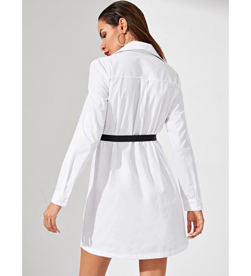 Rolled Tab Sleeve Belted Shirt Dress