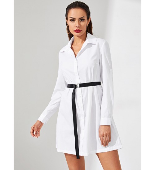 Rolled Tab Sleeve Belted Shirt Dress