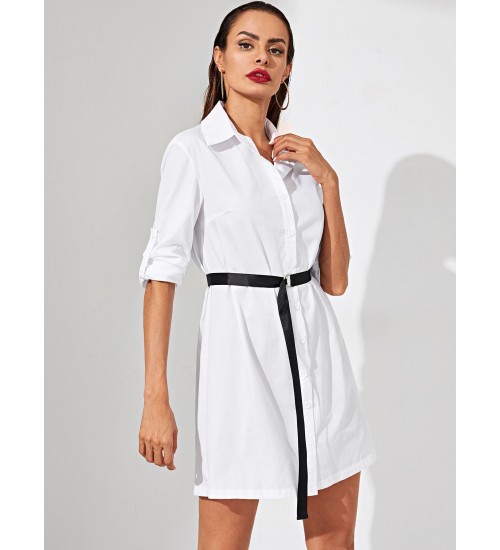 Rolled Tab Sleeve Belted Shirt Dress