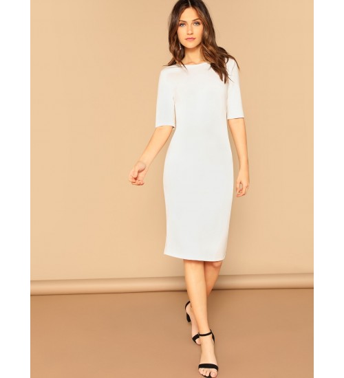 Slit Hem Solid Pencil Dress