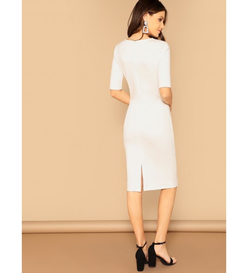 Slit Hem Solid Pencil Dress