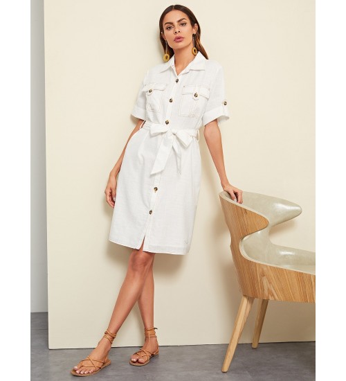 Rolled Tab Sleeve Pocket Front Utility Shirt Dress