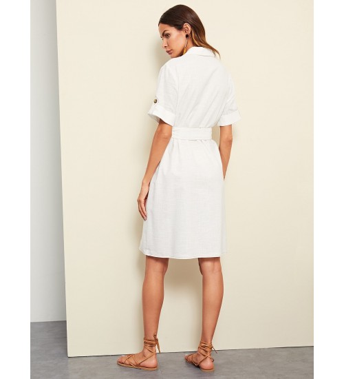 Rolled Tab Sleeve Pocket Front Utility Shirt Dress