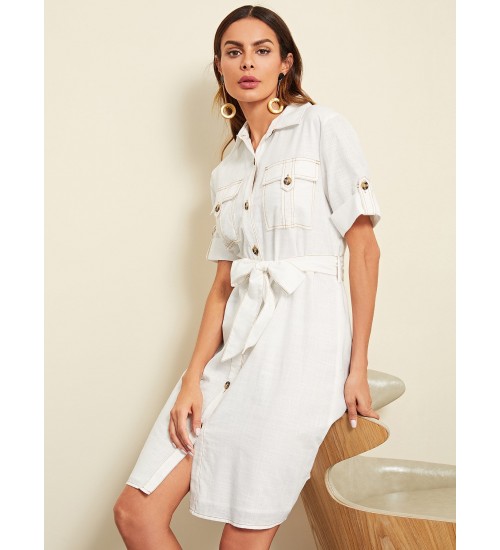 Rolled Tab Sleeve Pocket Front Utility Shirt Dress