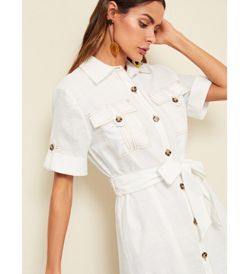 Rolled Tab Sleeve Pocket Front Utility Shirt Dress