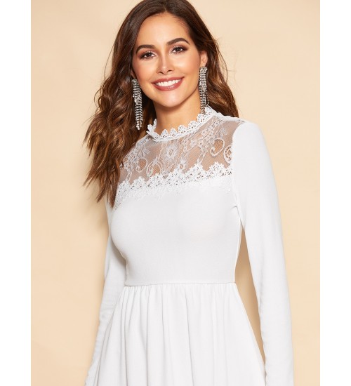 Lace Insert Zip Back  Flare Dress