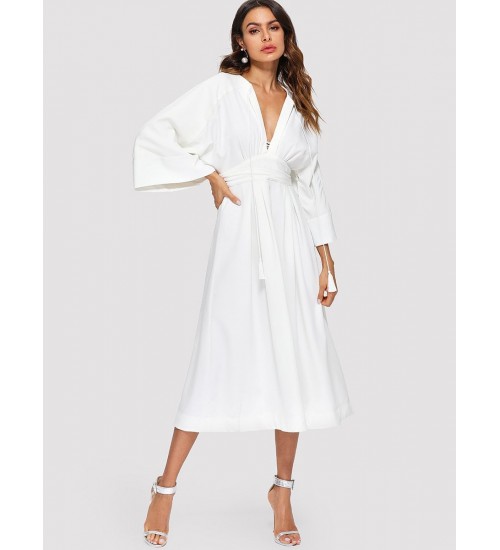 Plunging Kimono Sleeve Tassel Tie Dress