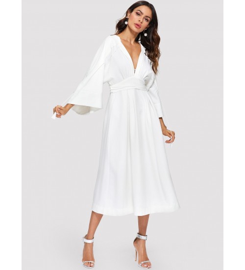 Plunging Kimono Sleeve Tassel Tie Dress