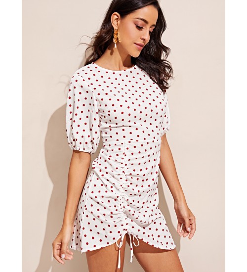 Dot Print Drawstring Front Dress