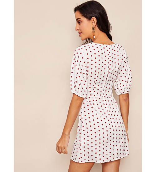 Dot Print Drawstring Front Dress