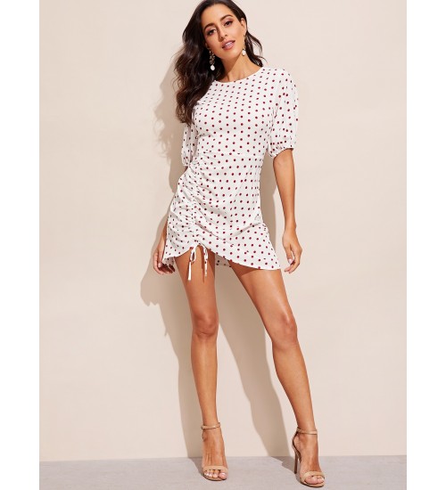 Dot Print Drawstring Front Dress