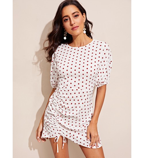 Dot Print Drawstring Front Dress