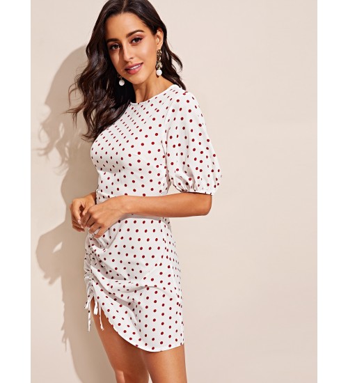 Dot Print Drawstring Front Dress