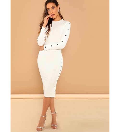 Mock Neck Rib Knit Bodycon Dress