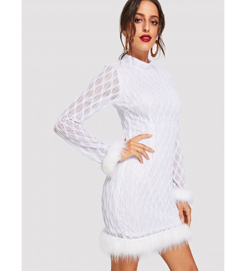 Stand Collar Contrast Faux Fur Trim Dress