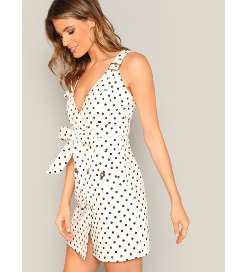 Adjustable Strap Polka-dot Knotted Dress