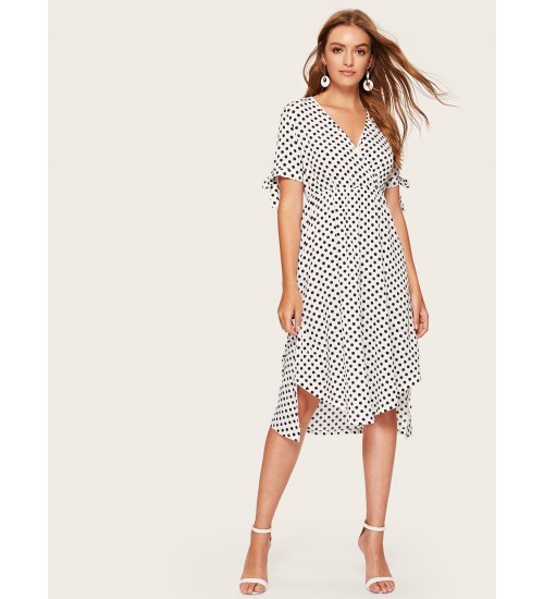 Dip Hem Surplice Polka Dot Tea Dress