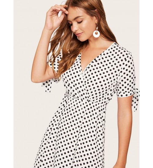 Dip Hem Surplice Polka Dot Tea Dress