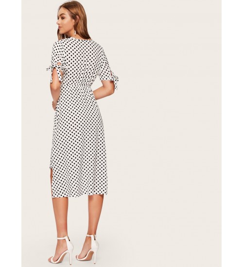 Dip Hem Surplice Polka Dot Tea Dress