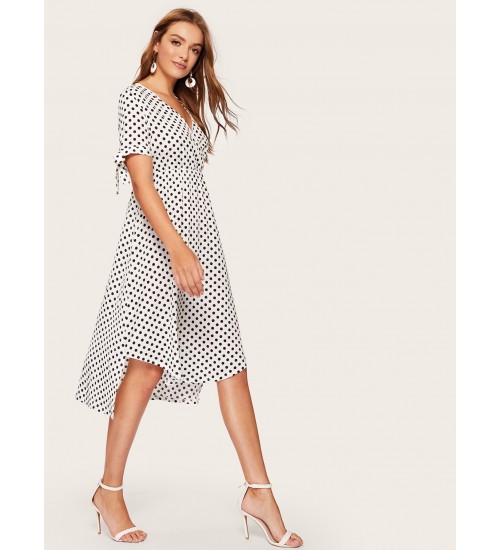 Dip Hem Surplice Polka Dot Tea Dress