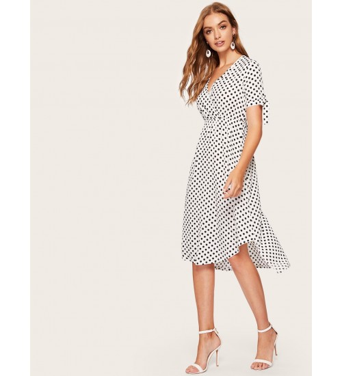 Dip Hem Surplice Polka Dot Tea Dress