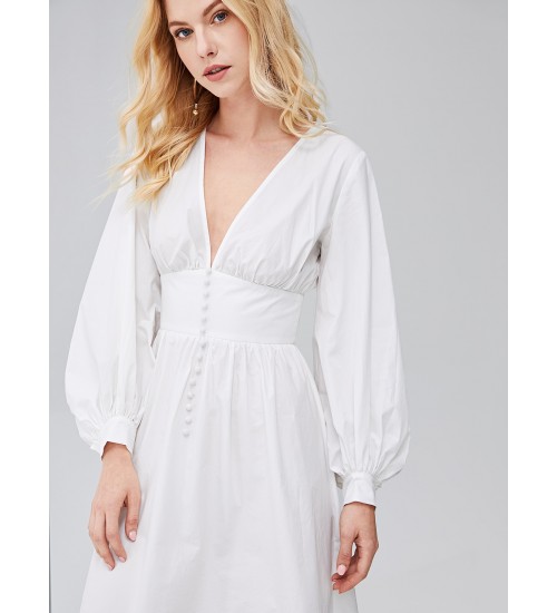 Plunging Neck Lantern Sleeve Button Front Dress