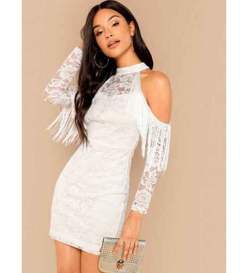 Fringe Seamed Cold Shoulder Lace Bodycon Dress