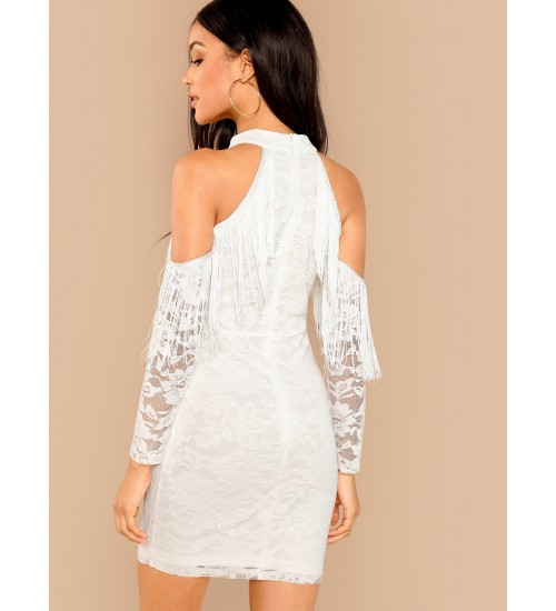 Fringe Seamed Cold Shoulder Lace Bodycon Dress