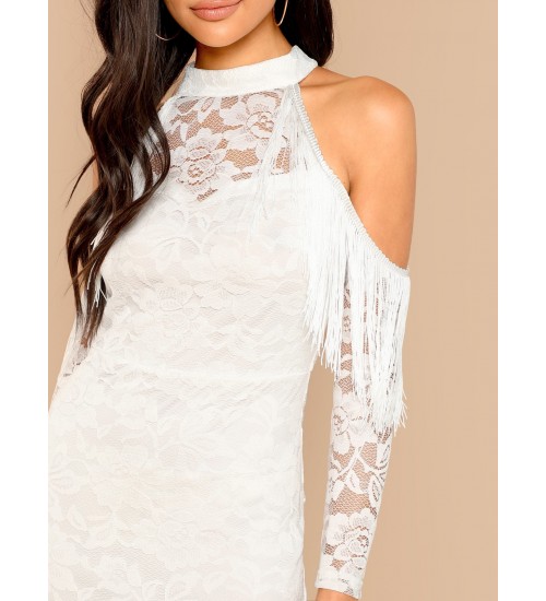 Fringe Seamed Cold Shoulder Lace Bodycon Dress