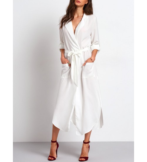 Tie Waist Side Slit Shirt Dress