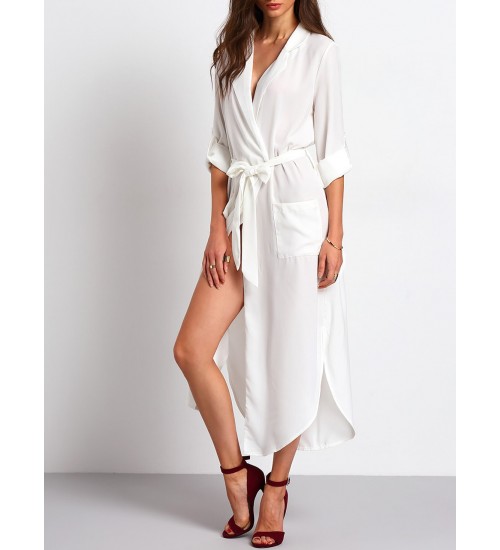 Tie Waist Side Slit Shirt Dress