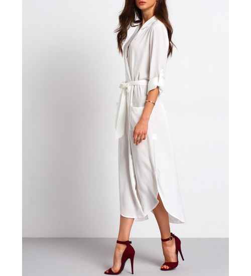 Tie Waist Side Slit Shirt Dress