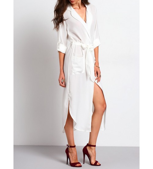 Tie Waist Side Slit Shirt Dress