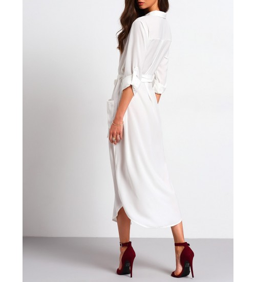 Tie Waist Side Slit Shirt Dress