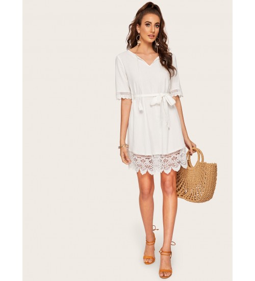 Tassel Tie Guipure Lace Scallop Trim Belted Dress