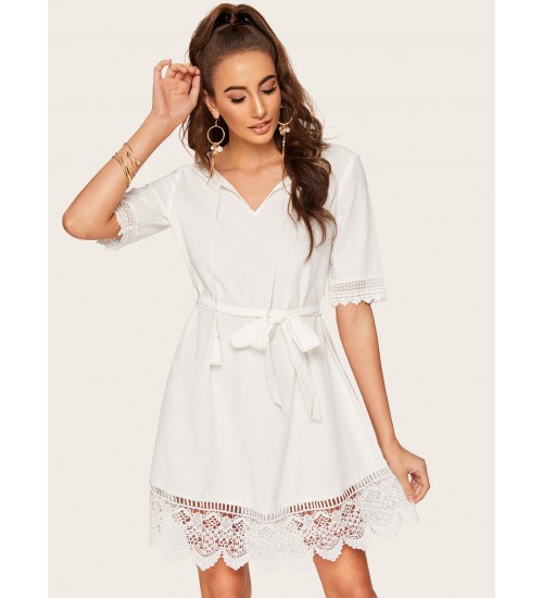 Tassel Tie Guipure Lace Scallop Trim Belted Dress