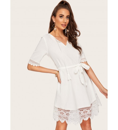 Tassel Tie Guipure Lace Scallop Trim Belted Dress