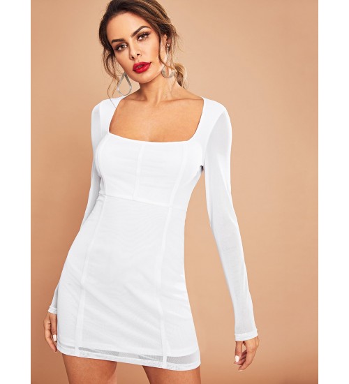 Square Neck Mesh Overlay Dress