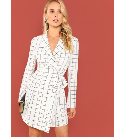 Shawl Collar Surplice Wrap Grid Dress